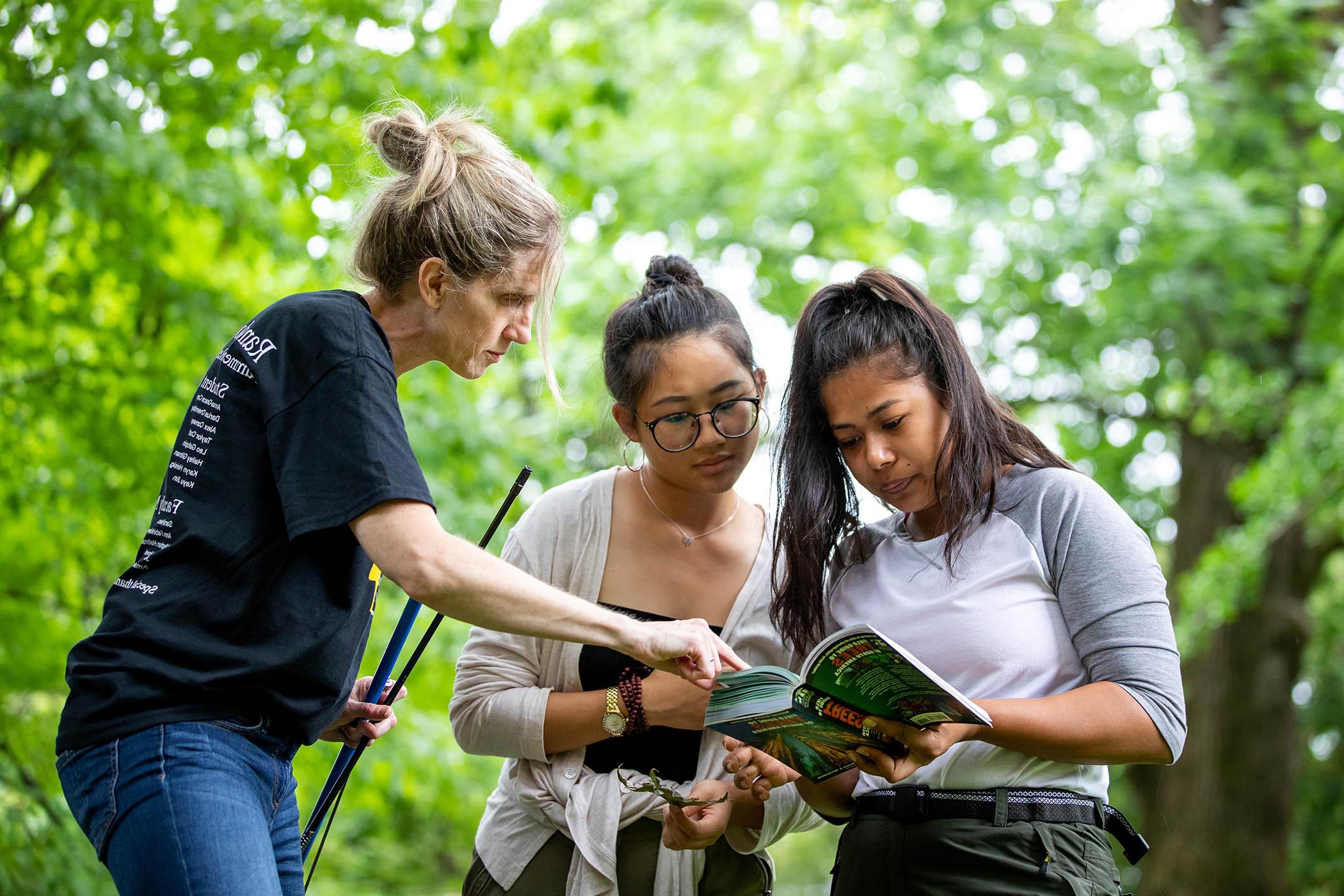 Environmental science professor Karin Warren helps summer research students conduct a forest inventory.